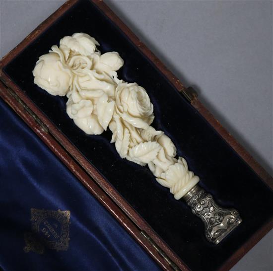 A cased 19th century silver mounted Dieppe ivory desk seal, 11.9cm.